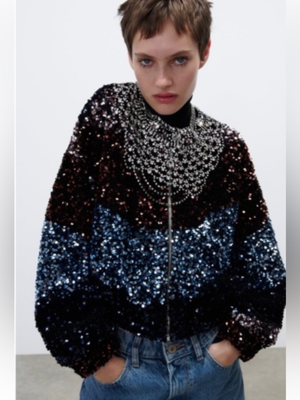 ZARA Sequin Crop bomber jacket NEW Large